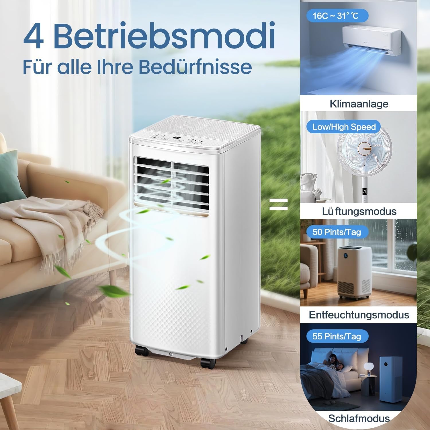 4 in 1 Mobiles Klimagerät, 7000 BTU Mobile Klimaanlage Mit Kühlung, Luftzirkulation, Entfeuchtung, Portable Air Conditioner Mit Fernbedienung, Abluftschlauch, Sleep-Modus, 2,1 Kw Für Räume Bis 20 M²