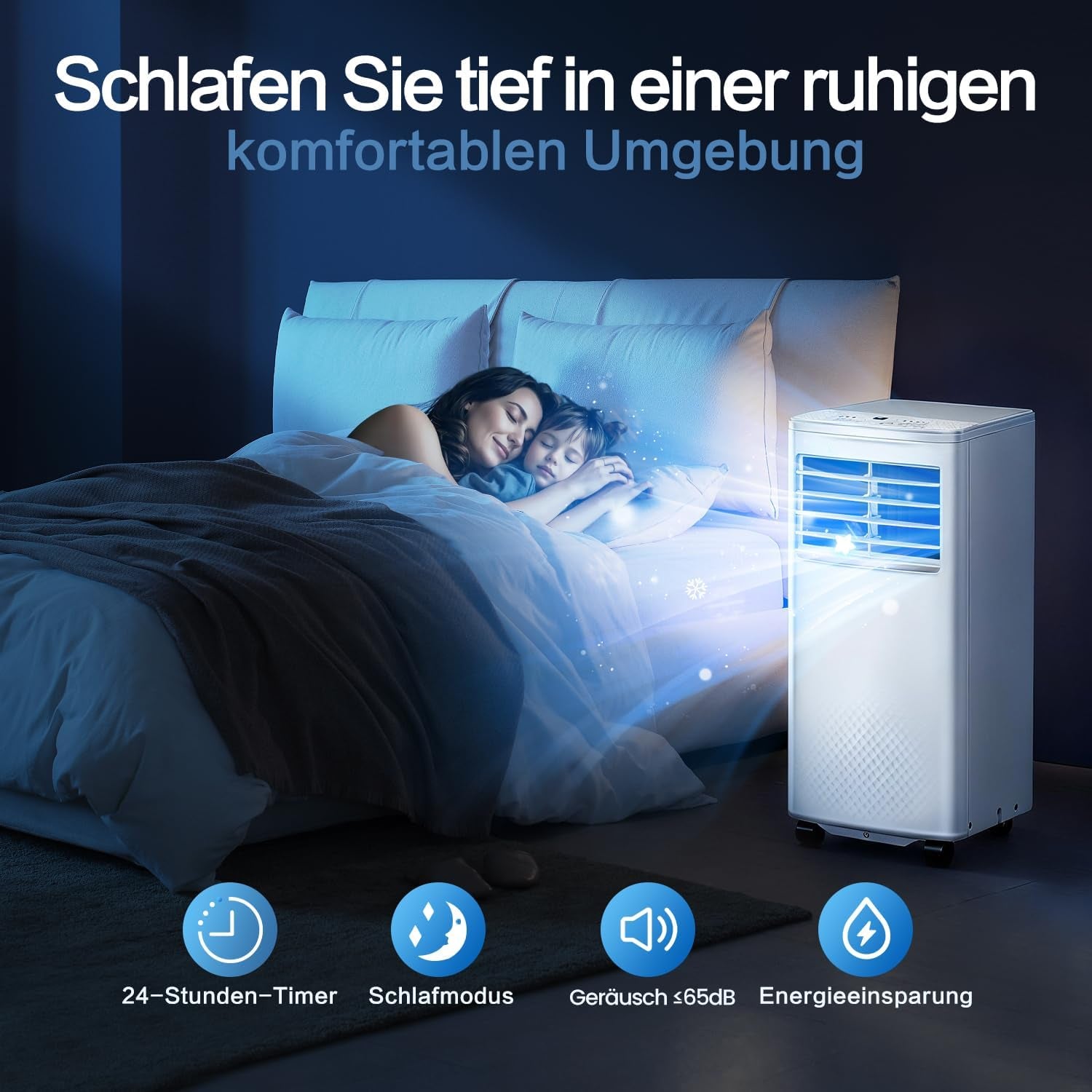 4 in 1 Mobiles Klimagerät, 7000 BTU Mobile Klimaanlage Mit Kühlung, Luftzirkulation, Entfeuchtung, Portable Air Conditioner Mit Fernbedienung, Abluftschlauch, Sleep-Modus, 2,1 Kw Für Räume Bis 20 M²