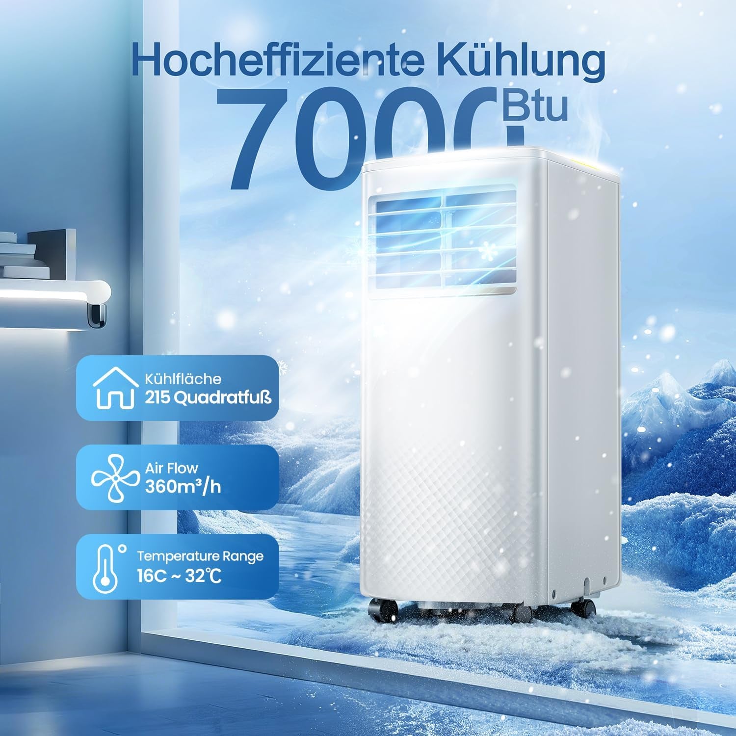 4 in 1 Mobiles Klimagerät, 7000 BTU Mobile Klimaanlage Mit Kühlung, Luftzirkulation, Entfeuchtung, Portable Air Conditioner Mit Fernbedienung, Abluftschlauch, Sleep-Modus, 2,1 Kw Für Räume Bis 20 M²