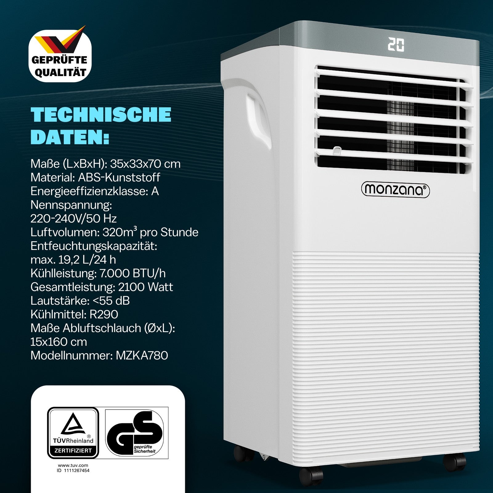 MONZANA® Lokale Klimaanlage Mobiles Klimagerät 3In1 7000 BTU Luftentfeuchte